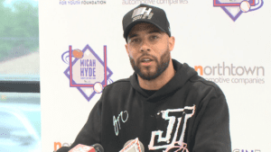 Micah Hyde meets the media on Thursday ahead of his charity softball game